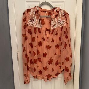 Free People Peach Floral Embroidered V-Neck Women’s Blouse